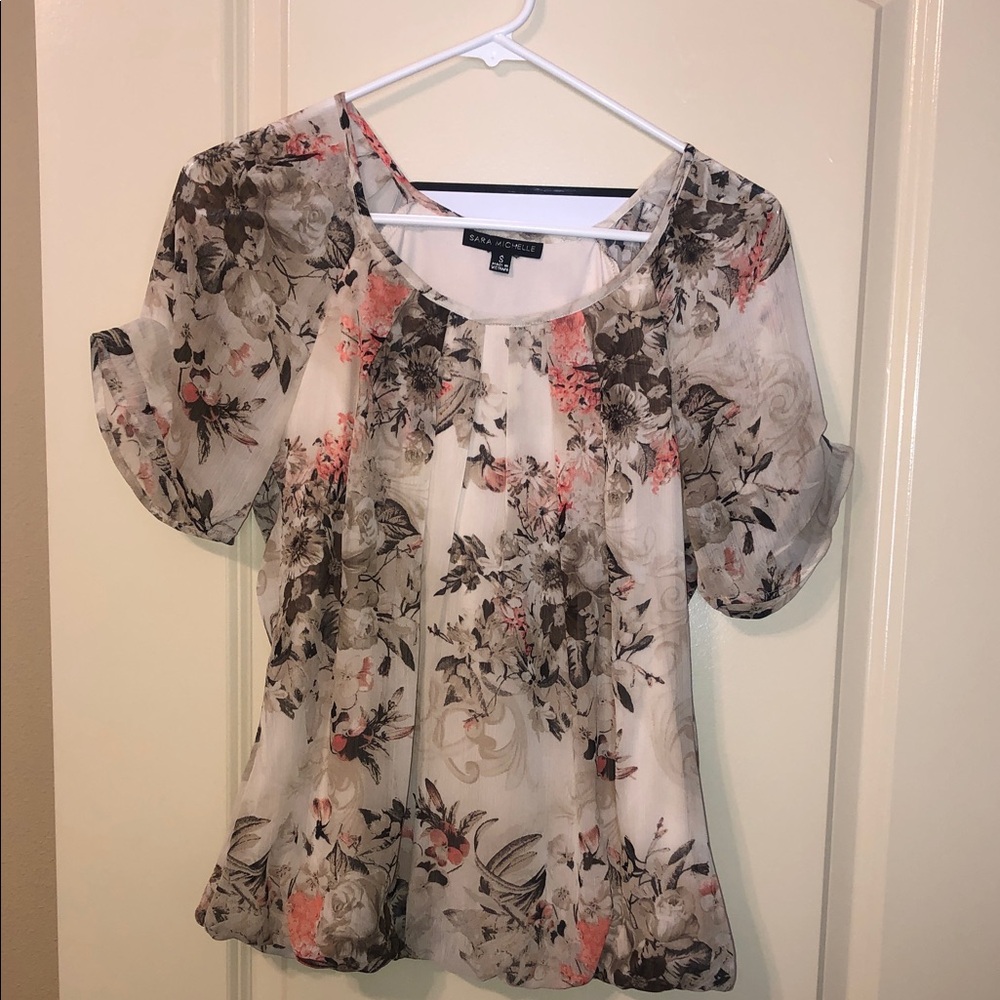 Sara Michelle White Sheer Floral Blouse with Pink and Gray Accents